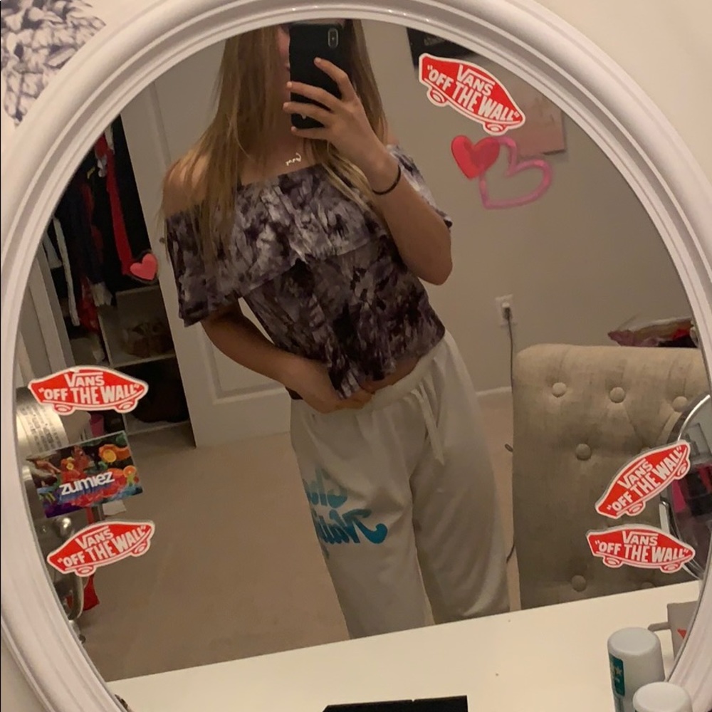 blue/white tie dye off shoulder shirt